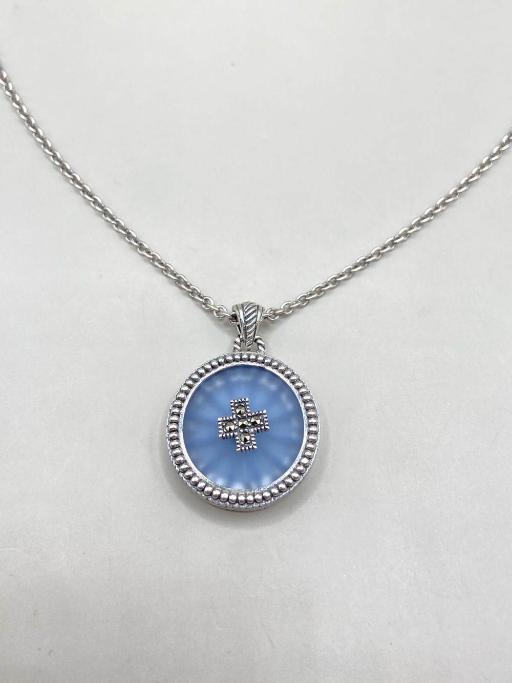 Marc Thailand Designer Enamel Marcasite Accent Cross Circle Pendant Necklace